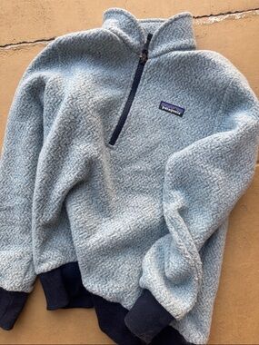 Patagonia Light Blue Sherpa Quarter-Zip Pullover with Navy Trim